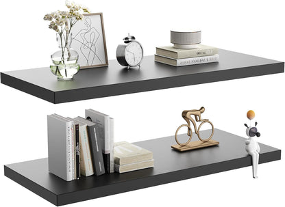 Wall Shelf Set of 2, Black Floating Shelves 30 in W x 10 in D x 1 in H, Wooden Floating Wall Shelf