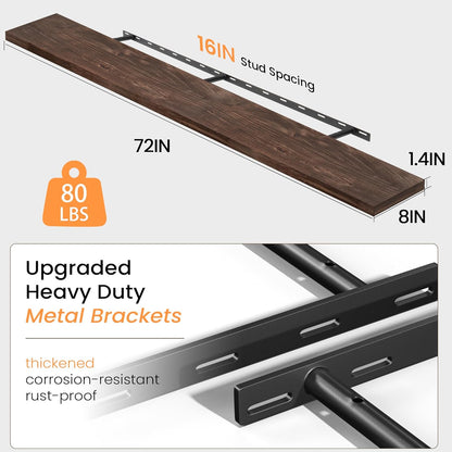 Fun Memories 72 Inch Floating Shelves for Wall, Elm Wood Floating Shelves for Home Décor