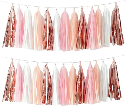 Rose Gold Peach White Pink Tassel Garland Banner, 20 Pack, Tassel Garland Party Decorations for