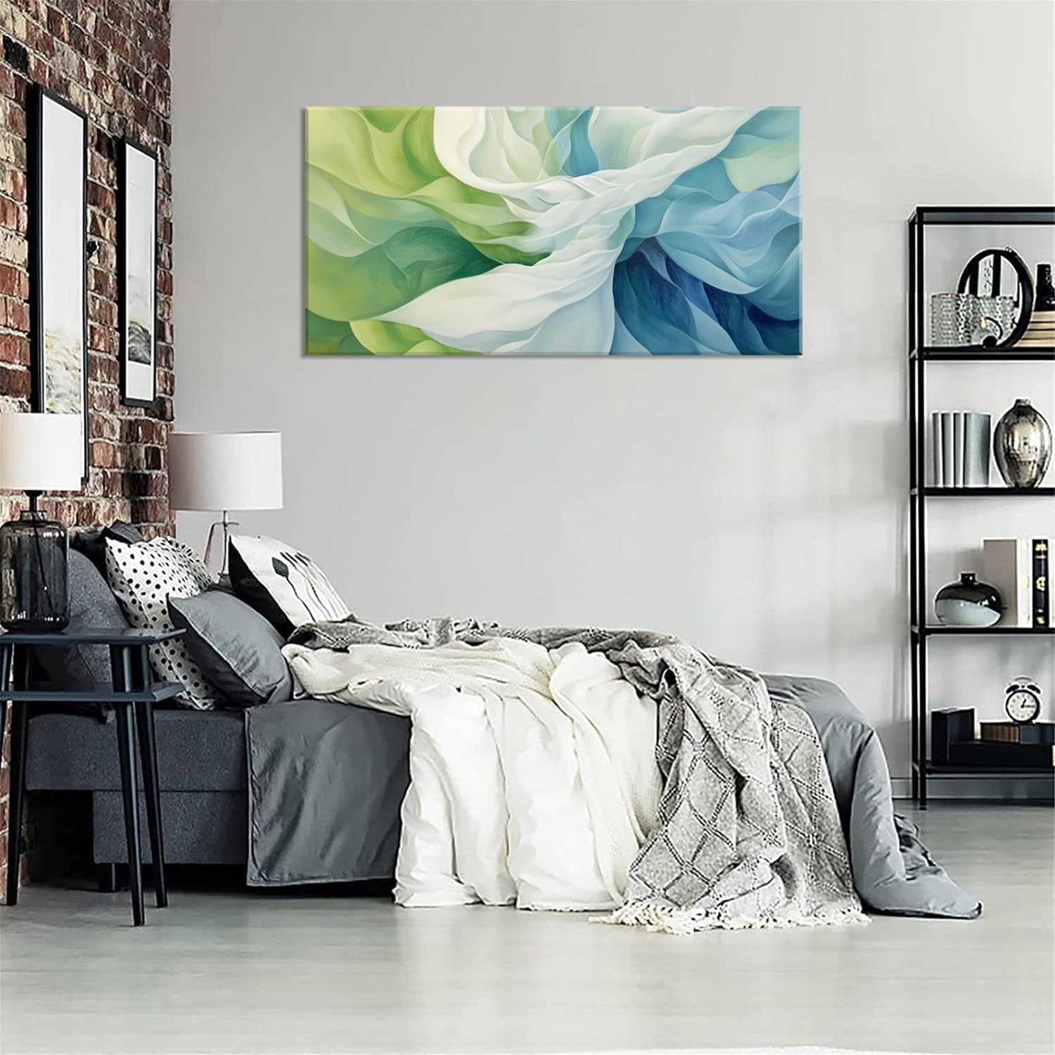 LASMOND Abstract Lines Wall Art for Living Room Canvas Prints Aqua Turquoise Blue Green Artwork