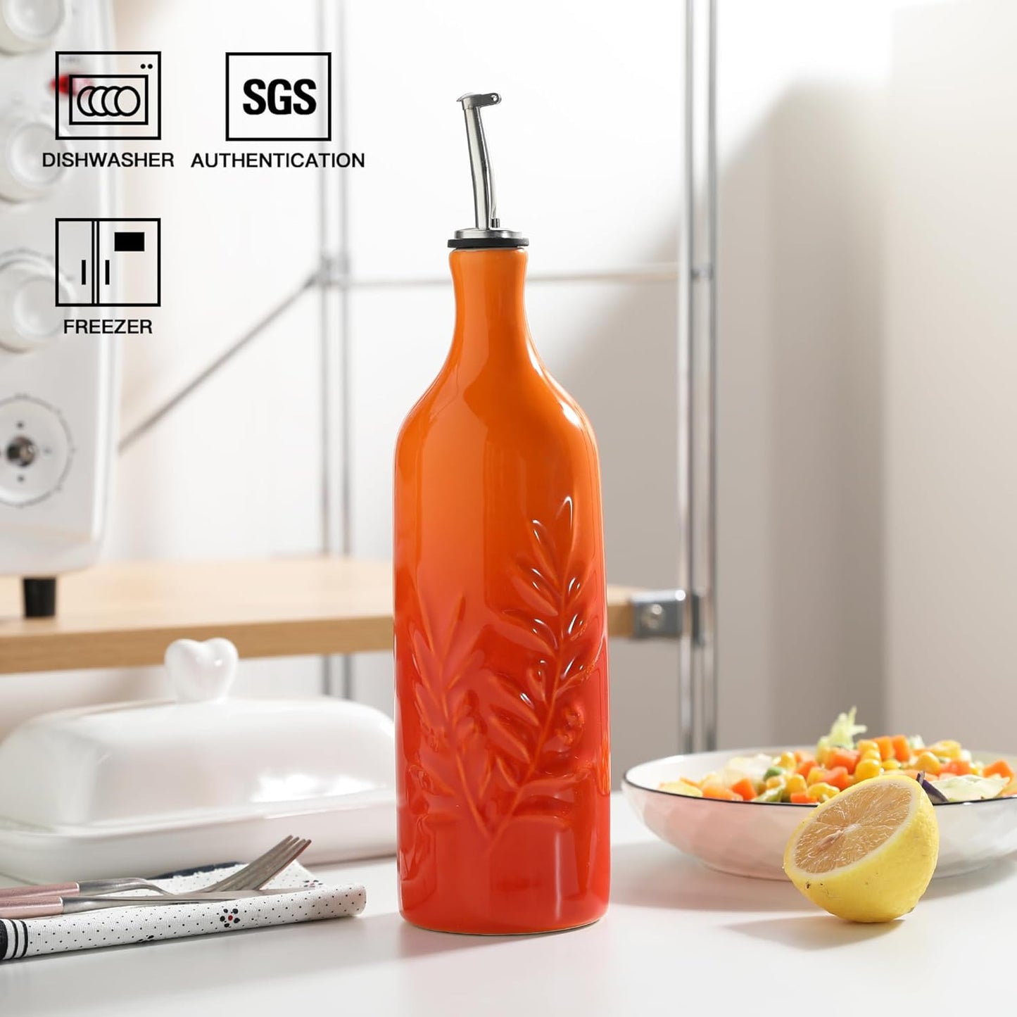 Sweejar Ceramic Olive Oil Dispenser Bottle, 24 Oz Relief Opaque Oil Cruet Protects To Reduce