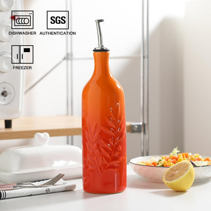 Sweejar Ceramic Olive Oil Dispenser Bottle, 24 Oz Relief Opaque Oil Cruet Protects To Reduce
