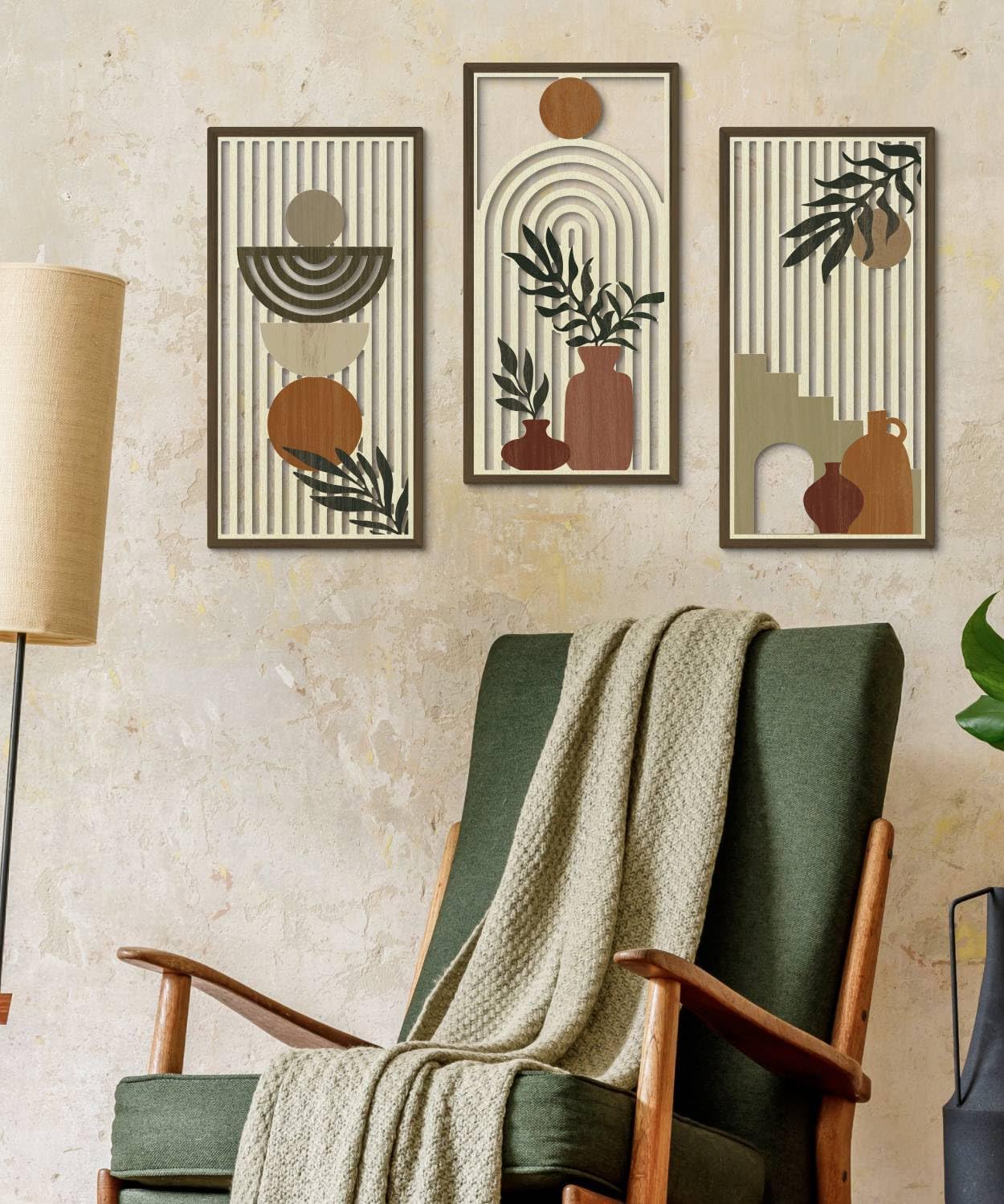 Putuo Decor Boho Wall Art Set of 3, Abstract Geometric Wooden Wall Decor, Mid-Century Modern