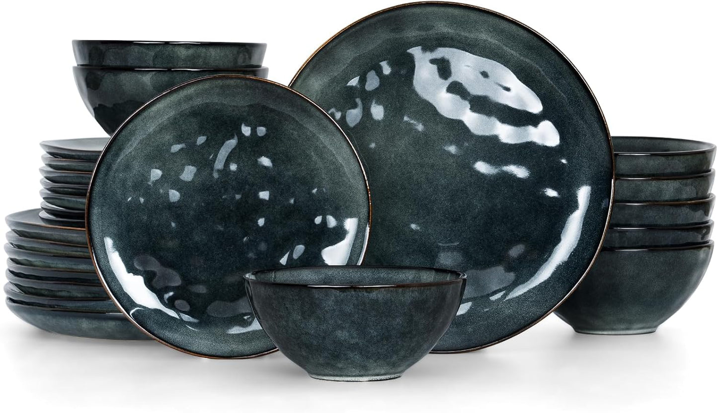 Famiware Dinnerware Sets for 8, Ocean Round 24-Piece Kitchen Plates and Bowls Sets, Microwave and