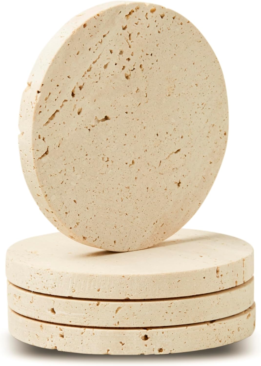 Marble Coasters – Set of 4 –Beige Travertine Bar Coasters for Drinks, Coffee –Stone Holder for Home