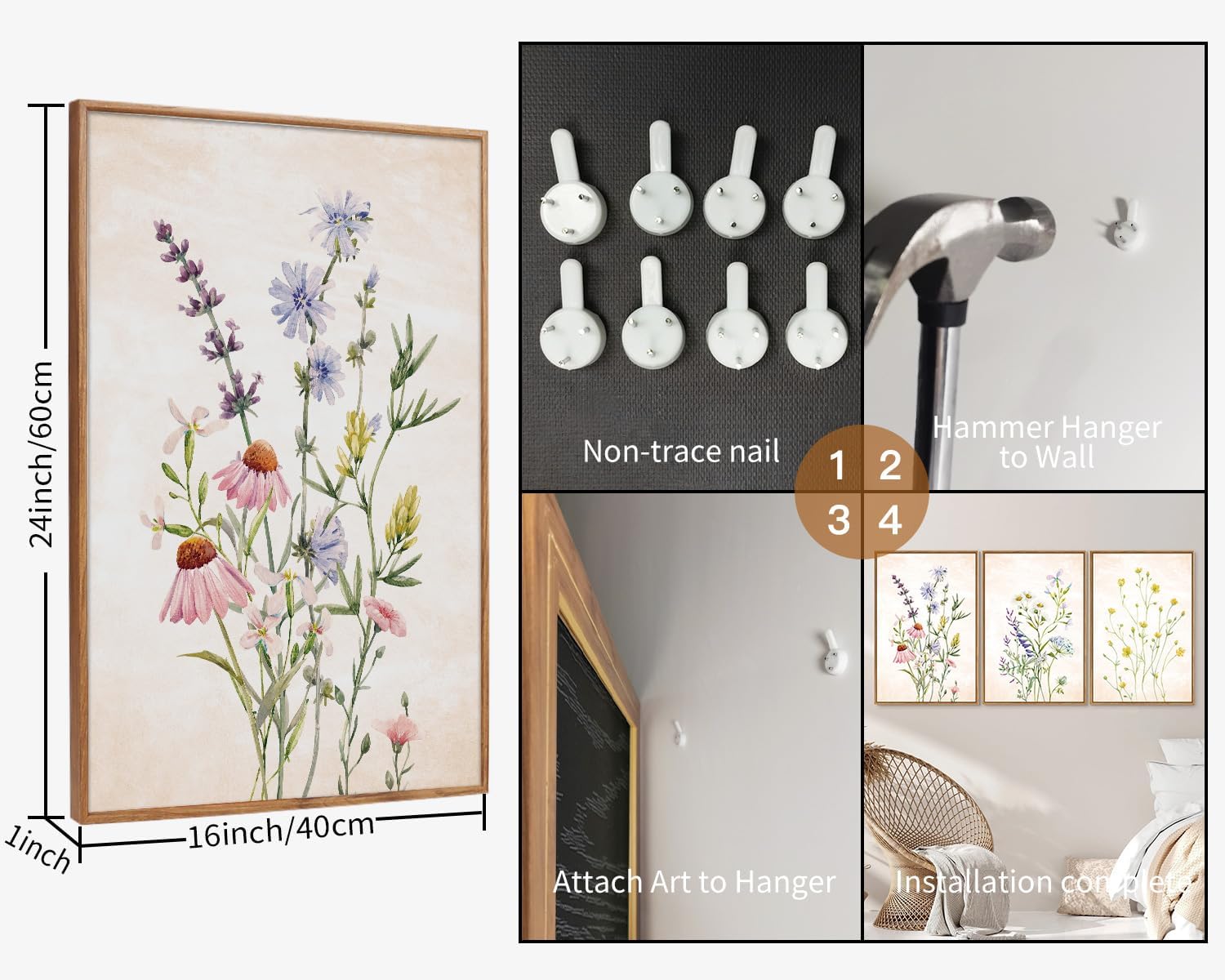 SIGNINART Watercolor Wildflower Framed Canvas Wall Art Set of 3, Boho Botanical Spring Floral Wall