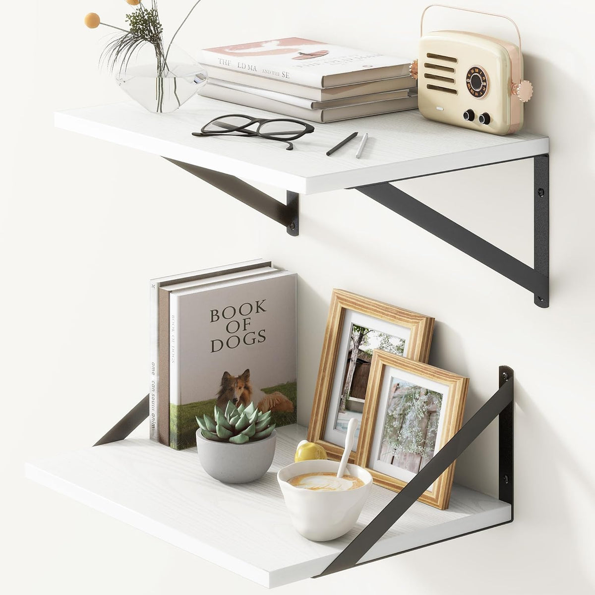 Fun Memories Floating Shelves Set of 2, 16" W x 12" D, White Ledges for Bedroom, Bathroom, 12" Deep