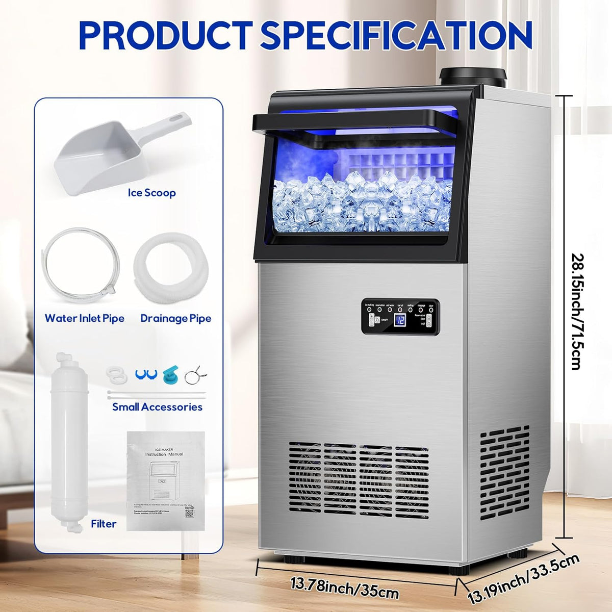 Commercial Ice Maker Machine, 110Lbs/24H, 30Lbs Storage, 36Pcs Clear Ice Cubes in 10-15Mins