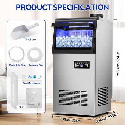 Commercial Ice Maker Machine, 110Lbs/24H, 30Lbs Storage, 36Pcs Clear Ice Cubes in 10-15Mins