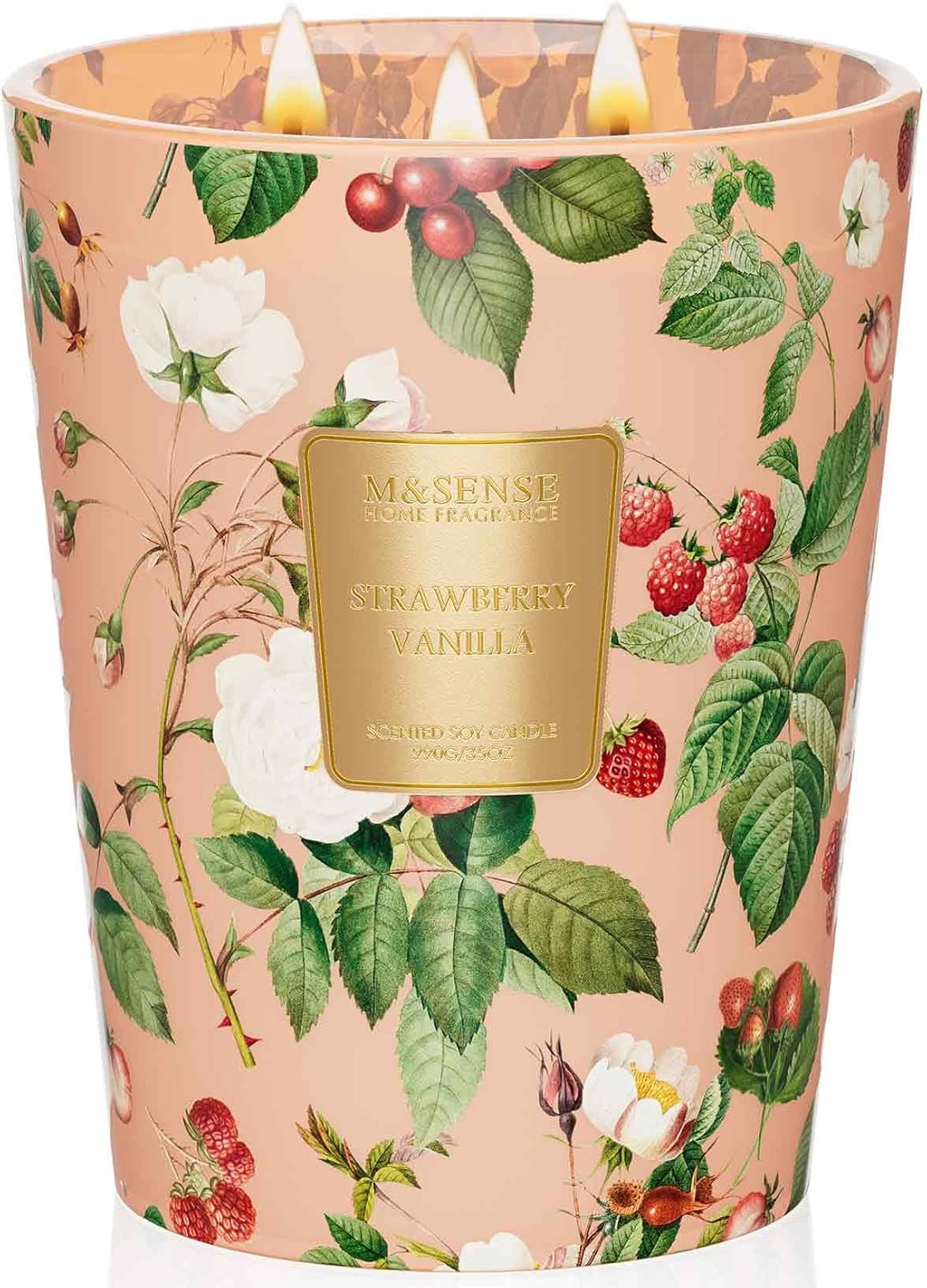 M&SENSE Extra Large Candle Strawberry Vanilla Scented, 3-Wick 35oz 150H Long Lasting, Natural Soy