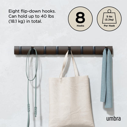 Umbra Flip Coat Rack, Wall Mount 8-Hook, Space Saving, Walnut/Black