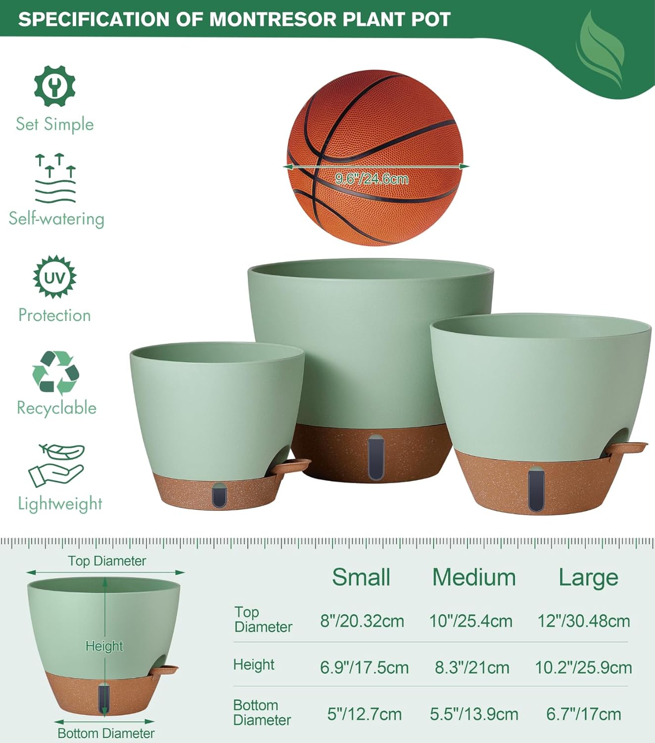 12/10/8 Inch Self Watering Pots for Indoor Plants Plastic Large Plant Pot for Outdoor Plants, Water