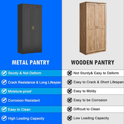 60" Tall Kitchen Pantry Cabinet, Metal Pantry Cabinet with Doors and Adjustable Shelves, Black