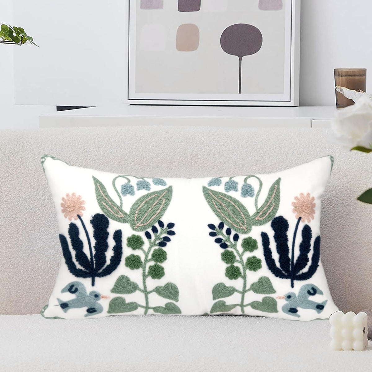 Alysheer Floral Embroidered Summer Lumbar Decorative Throw Pillow Cover 12"x 20", Farmhouse Cottage