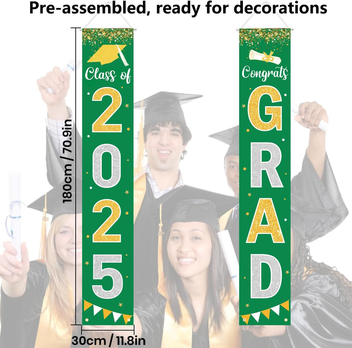Graduation Decorations 2025 GRAD Banner Green Porch Door Sign Welcome Banner For Indoor Outdoor