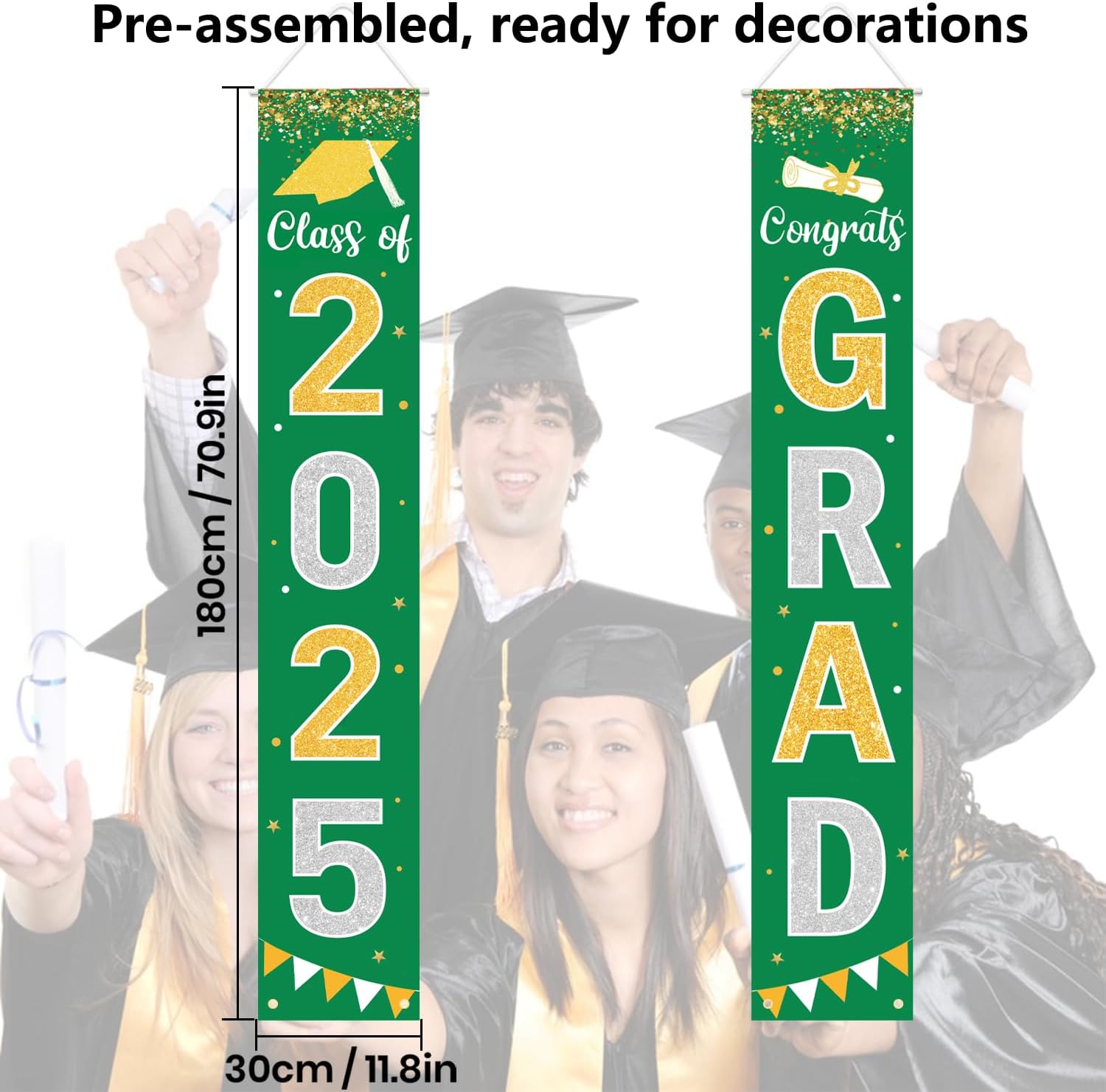Graduation Decorations 2025 GRAD Banner Green Porch Door Sign Welcome Banner For Indoor Outdoor