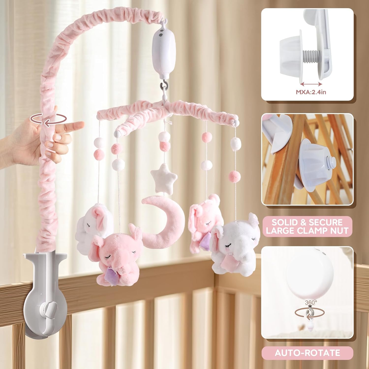 Baby Crib Mobile - Elephant Mobile for Crib with 25 Inches Mobile Arm and 35 Lullabies Musical Box
