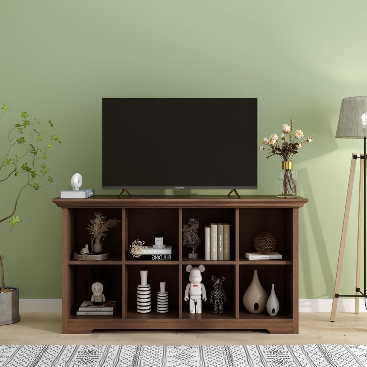 Cube Shelf Bookcase with Base - Wooden 2 Tiers Floor Standing Low Storage Cabinet for Home and