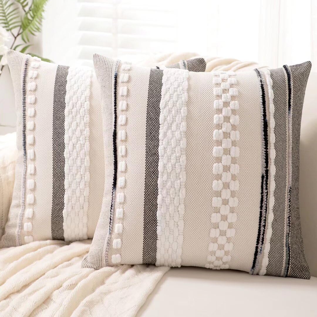 Boho Throw Pillow Covers 18x18 Set of 2 Farmhouse Decorative Cushion Case Striped Square Pillows
