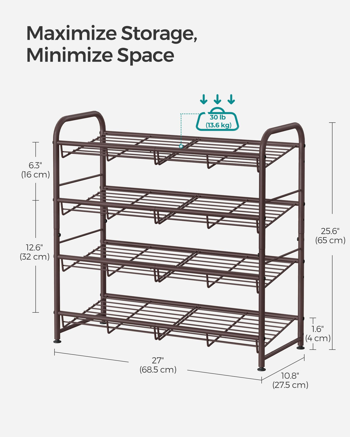 SONGMICS 4-Tier Stackable Metal Shoe Rack, Holds Up to 16 Pairs of Shoes