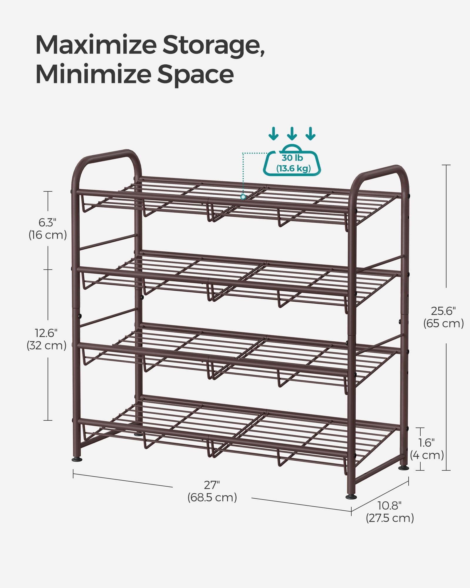 SONGMICS 4-Tier Stackable Metal Shoe Rack, Holds Up to 16 Pairs of Shoes