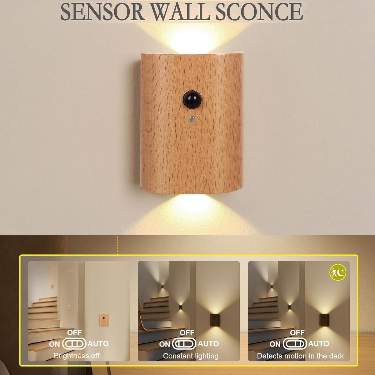 LANDGOO White Ash Wood Night Light Step Light - Smart Motion Sensor Stair Lighting, Rechargeable