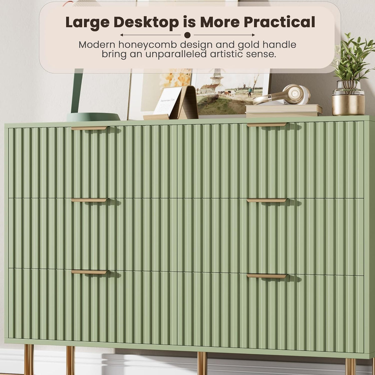 Green 6 Drawer Dresser for Bedroom, Fluted 47.2" Wide Modern Chest of Drawers with Deep Drawers
