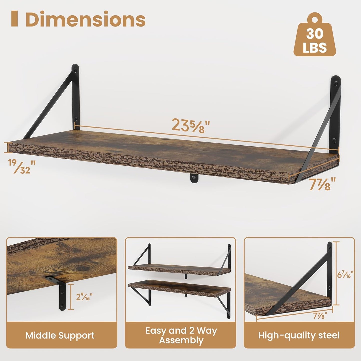 Heimlove 24 Inches Rustic Brown Floating Shelves,8 Inches Deep Wall Bookshelf Mounted