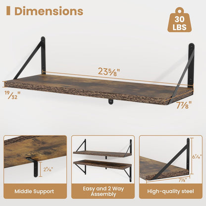 Heimlove 24 Inches Rustic Brown Floating Shelves,8 Inches Deep Wall Bookshelf Mounted