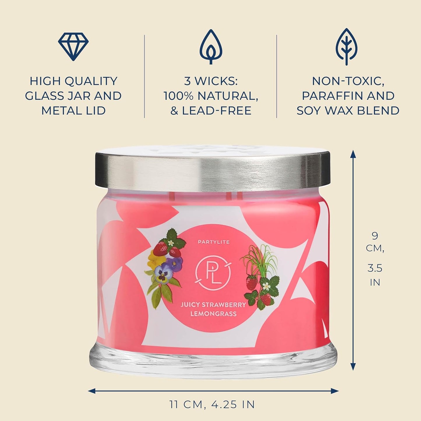PartyLite Juicy Strawberry Lemongrass Scented, Notes of Lemongrass, Eucalyptus, Pansies, Verbena &