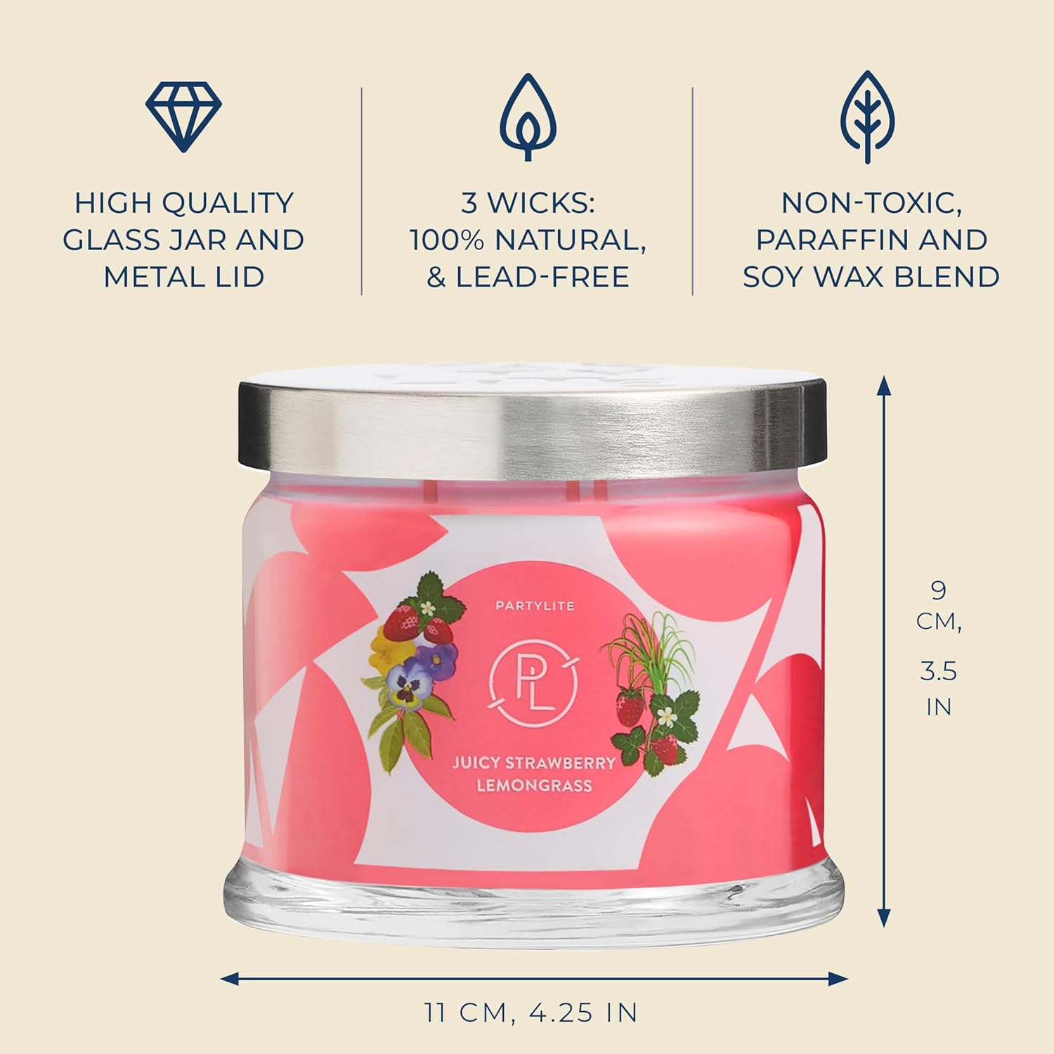 PartyLite Juicy Strawberry Lemongrass Scented, Notes of Lemongrass, Eucalyptus, Pansies, Verbena &