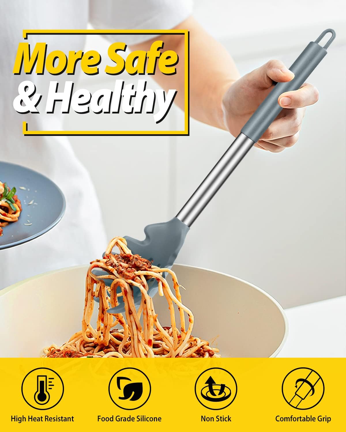 Silicone Pasta Fork and Ladle Spoon Set, Large Non Stick Kitchen Utensils for
