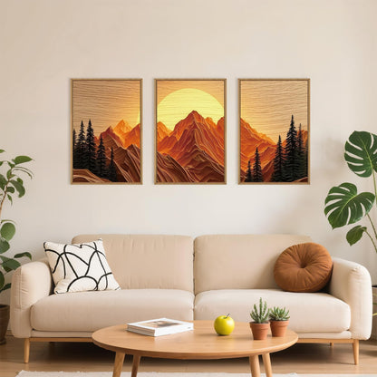 Large Mountain Framed Canvas Wall Art Set, Abstract Ridge Sun Painting, Boho Sunset Scenery Wall