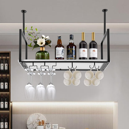 Hanging Wine Rack with Glass Holder and Shelf Metal Ceiling Bar Wine Glass Rack Industrial Wall
