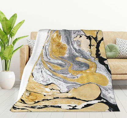 HGOD DESIGNS Gold Golden and Silver Marble Ink Abstract Painting Flannel Fleece Bed Blanket Throw