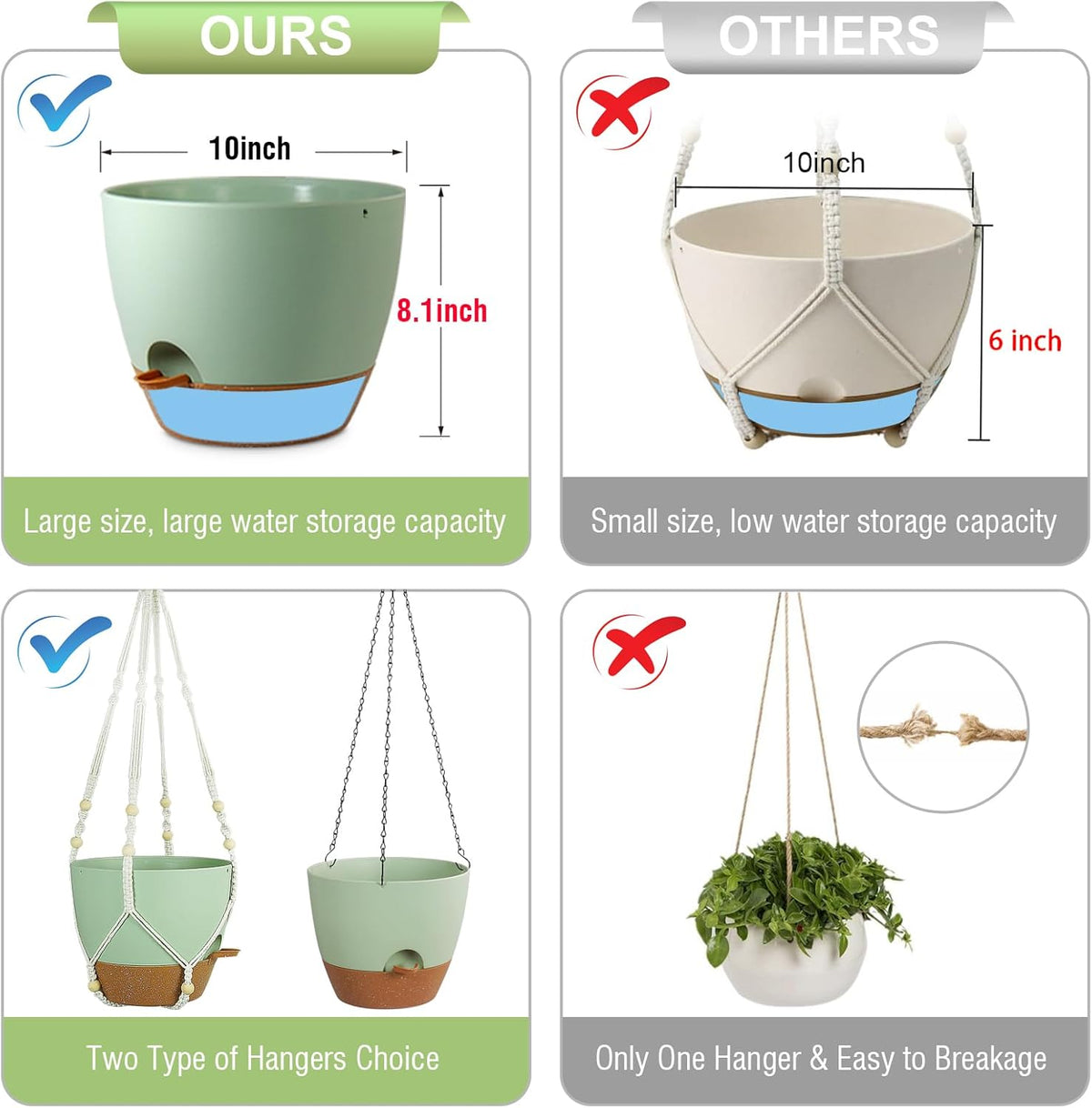 10 inch Self Watering Hanging Planters for Indoor Plants, 2 Pack Hanging Baskets for Outdoor