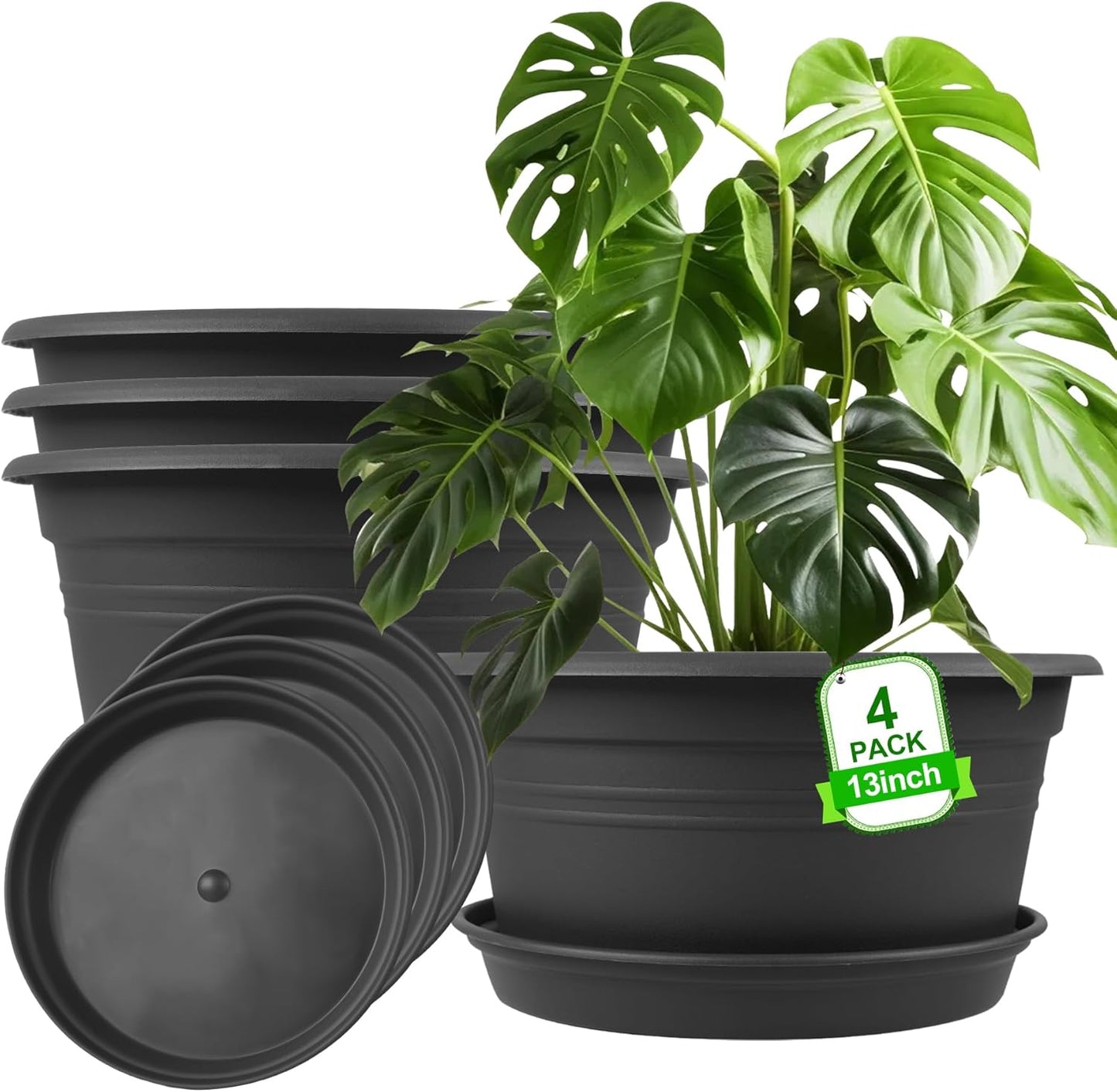 Large Flower Pots Set of 4 Pack 13 inch, Plant Pots Large Outdoor Planters with Drainage Hole &