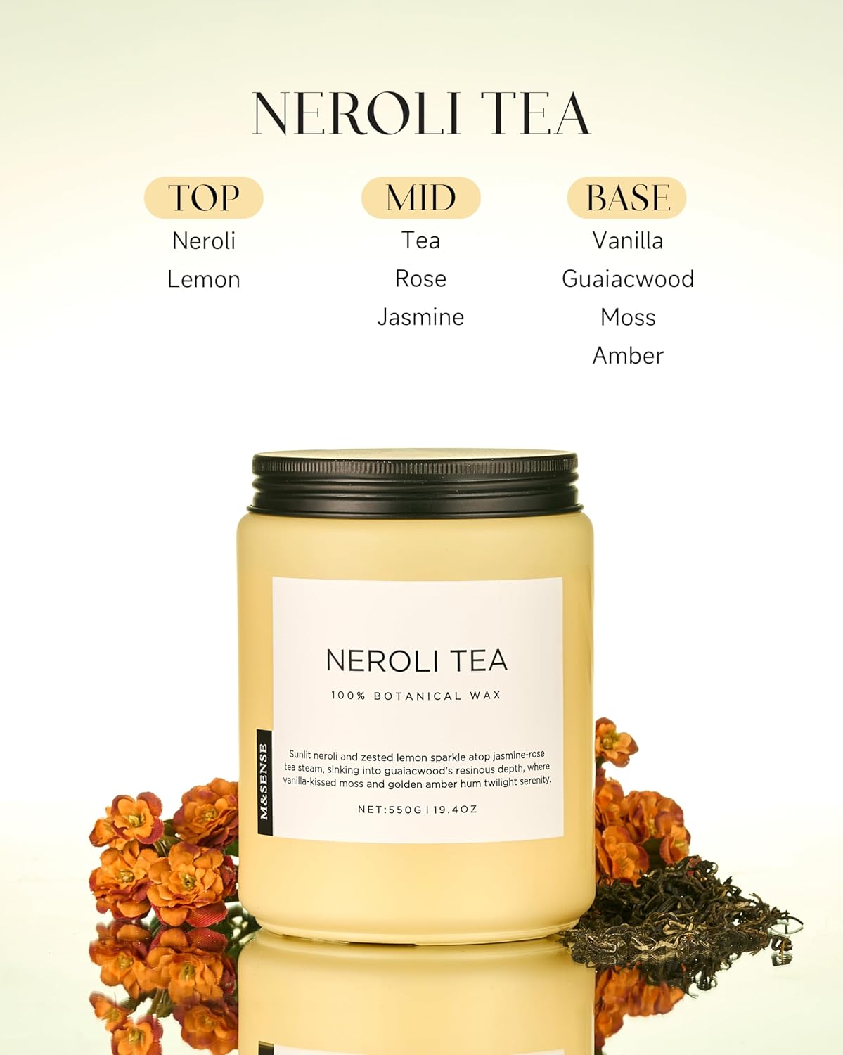 M&SENSE Neroli Tea Scented Candle, 19.4oz 110 Hours Long Lasting Burn 2 Wick Non Toxic Natural Soy