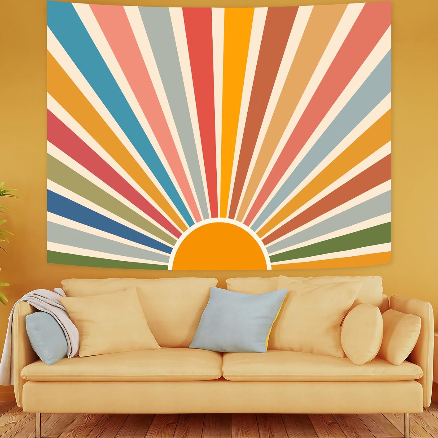 Kanuyee Boho Burning Sun Tapestry Wall Hanging, Retro 70s Abstract Vintage Geometric Rainbow