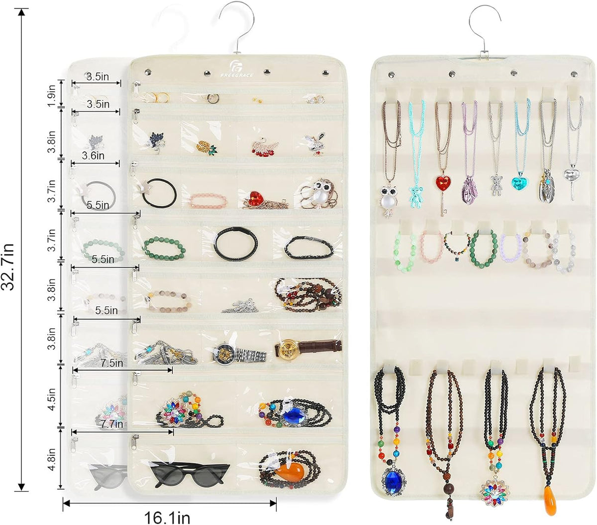 Freegrace Hanging Jewelry Organizer Revolving Hanger - Secure Zipper Closure - 25 Pockets,23 Hooks