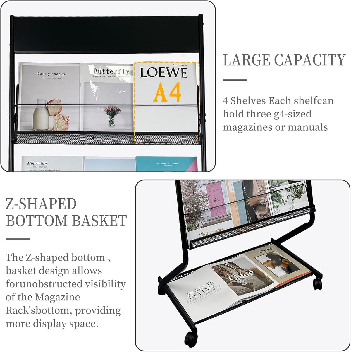 Tongmo Floor-Standing Magazine Rack 4-Layer with Wheels, Brochure Display Stand, High-hardness