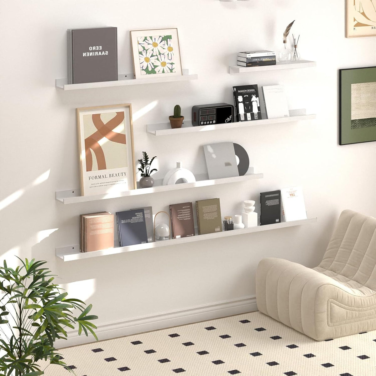 SAUMONIERES Picture Ledge Shelf Floating Book Shelves Set of 2 Wall Mounted Solid Wood for Bedroom