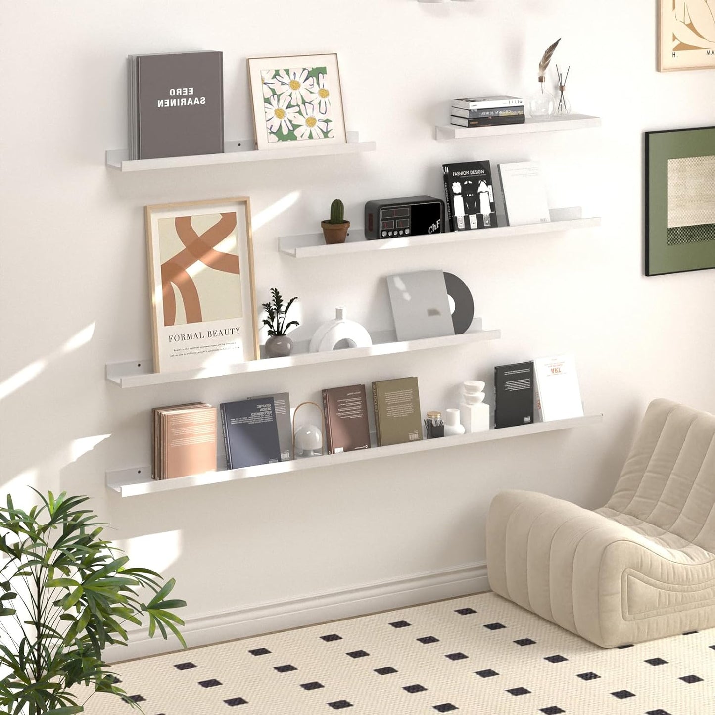 SAUMONIERES Picture Ledge Shelf Floating Book Shelves Set of 2 Wall Mounted Solid Wood for Bedroom