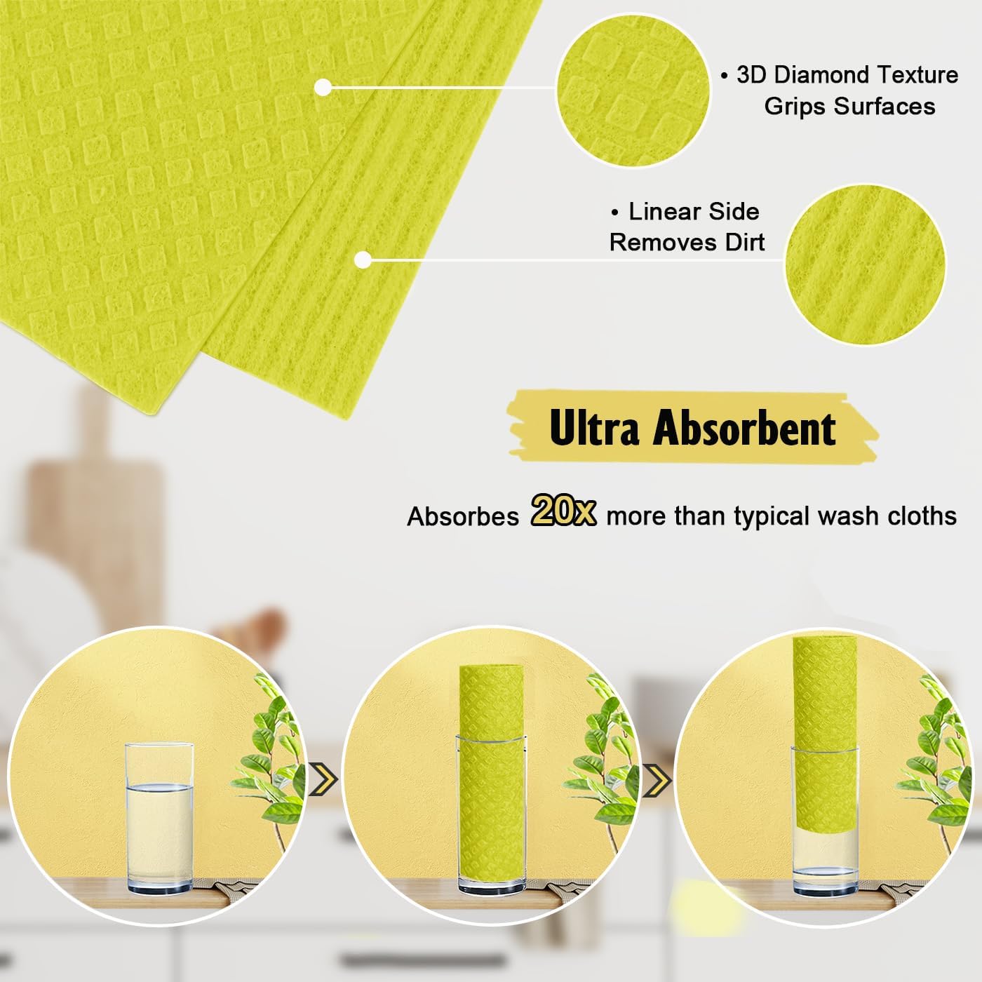 Swedish Dishcloths for Kitchen | 6 Pack Absorbent Cellulose Sponge Cloths Washable | Non-Scratch