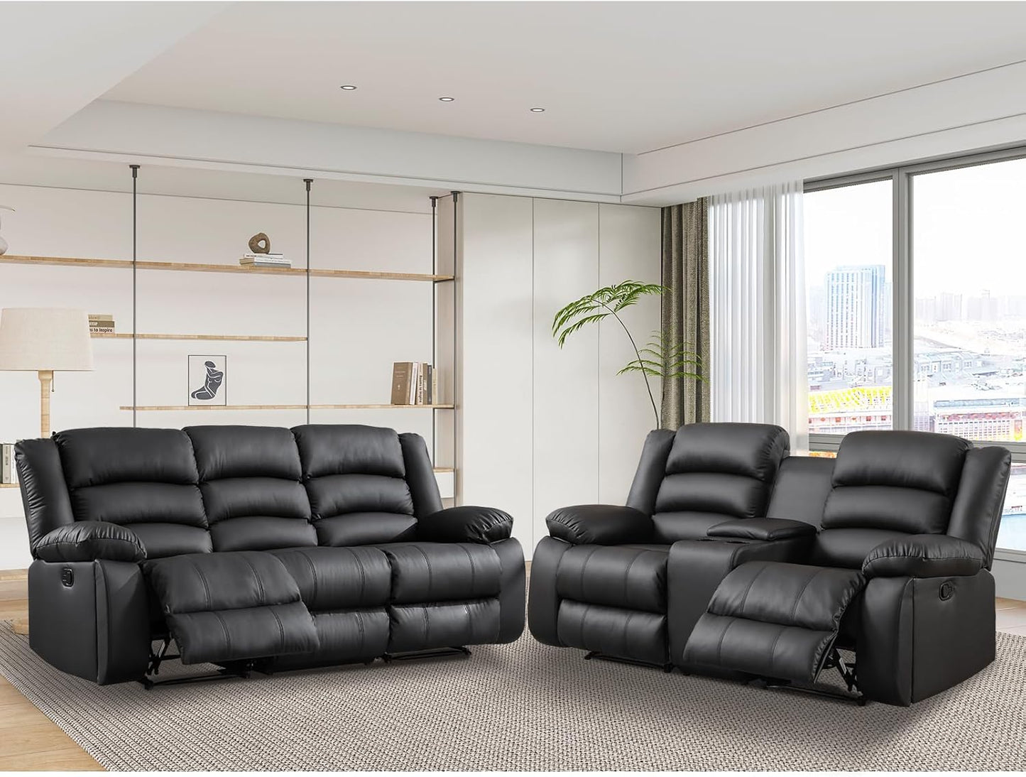 EBELLO Faux Leather Manual Recliner Sofa Set, Loveseat Reclining Sofa and 3 Seat Recliner Sofa