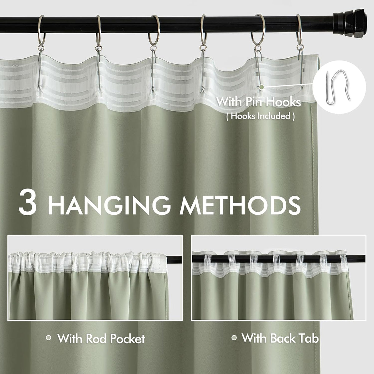 MIULEE Back Tab Sage Green Curtains 120 Inch Long 2 Panels Set for Living Room Bedroom, Rod