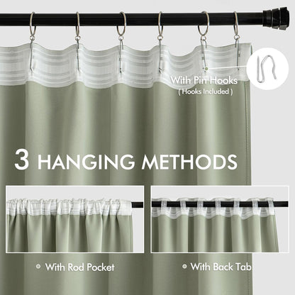 MIULEE Back Tab Sage Green Curtains 120 Inch Long 2 Panels Set for Living Room Bedroom, Rod