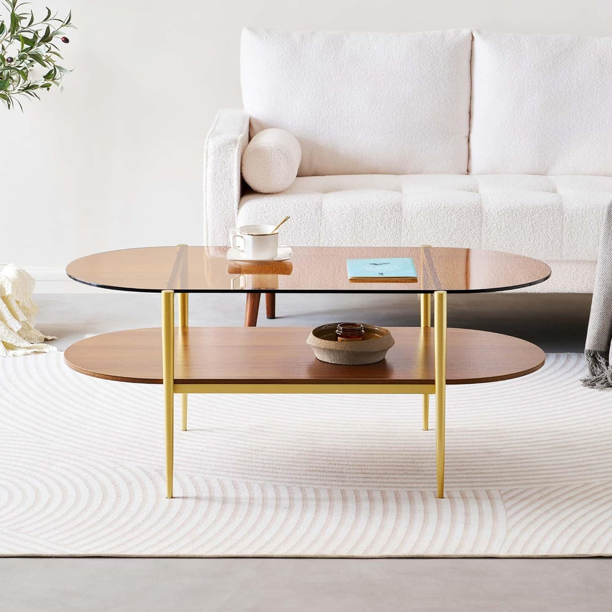Oval Glass Coffee Table, Mid-Century Modern Design, L41 x W21 x H17 inch, for Living Room, 2-Tier