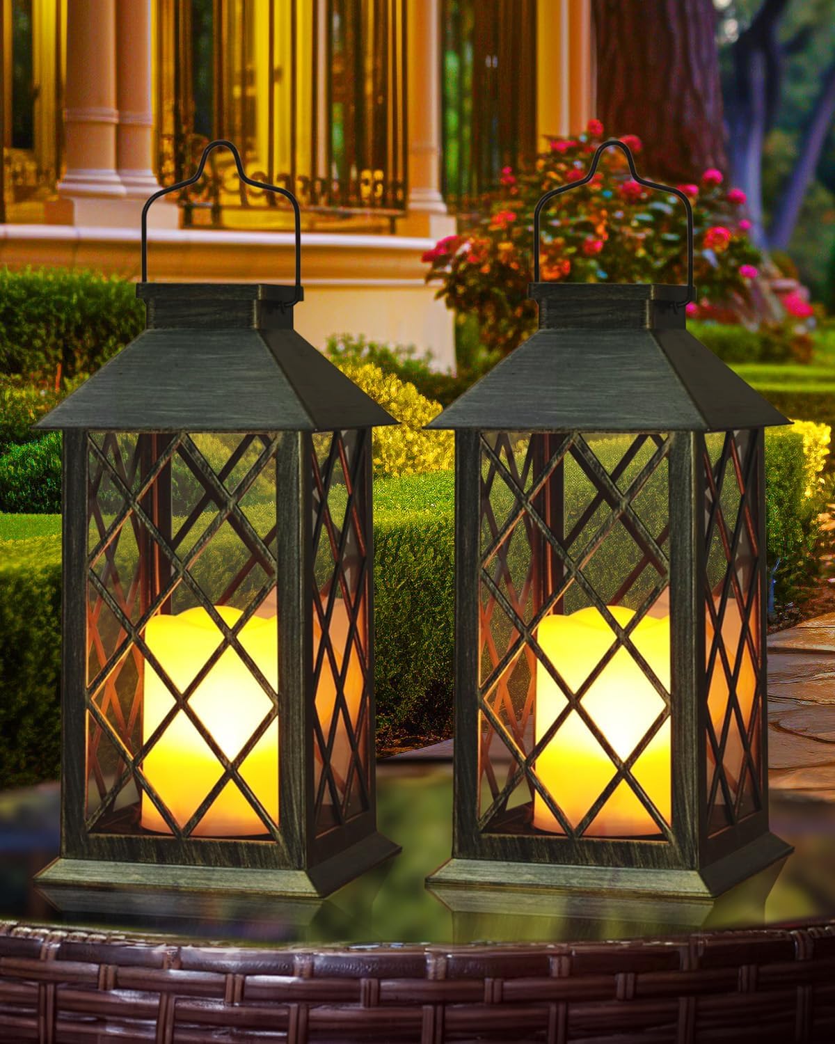 Otdair Solar Lanterns Outdoor Waterproof, 2 Pack 14" Solar Lantern with Glass Retro LED Flickering