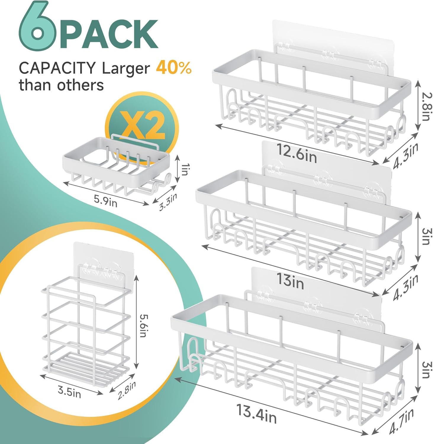 Veken 6-Pack Rustproof Waterproof Shower Caddy, Adhesive Shelves Rack with Soap Holder, Large